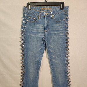 Y2K Impression Rhinestone Strap Jeans Womens Size 4 Low Rise Bootcut Studded